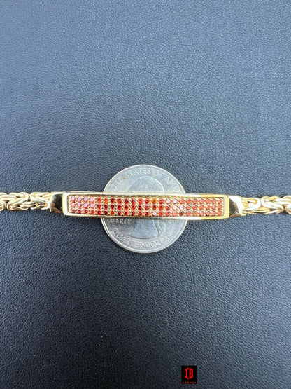 Men Real Presidential ID Bracelet 14k Gold Vermeil Silver Iced Red Ruby Hip Hop