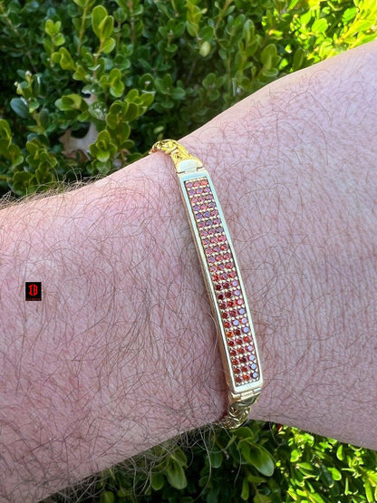 Men Real Presidential ID Bracelet 14k Gold Vermeil Silver Iced Red Ruby Hip Hop