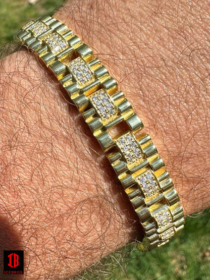 Mens 10mm Iced Presidential Bracelet Real 14K Gold Plated 925 Silver Flooded Out