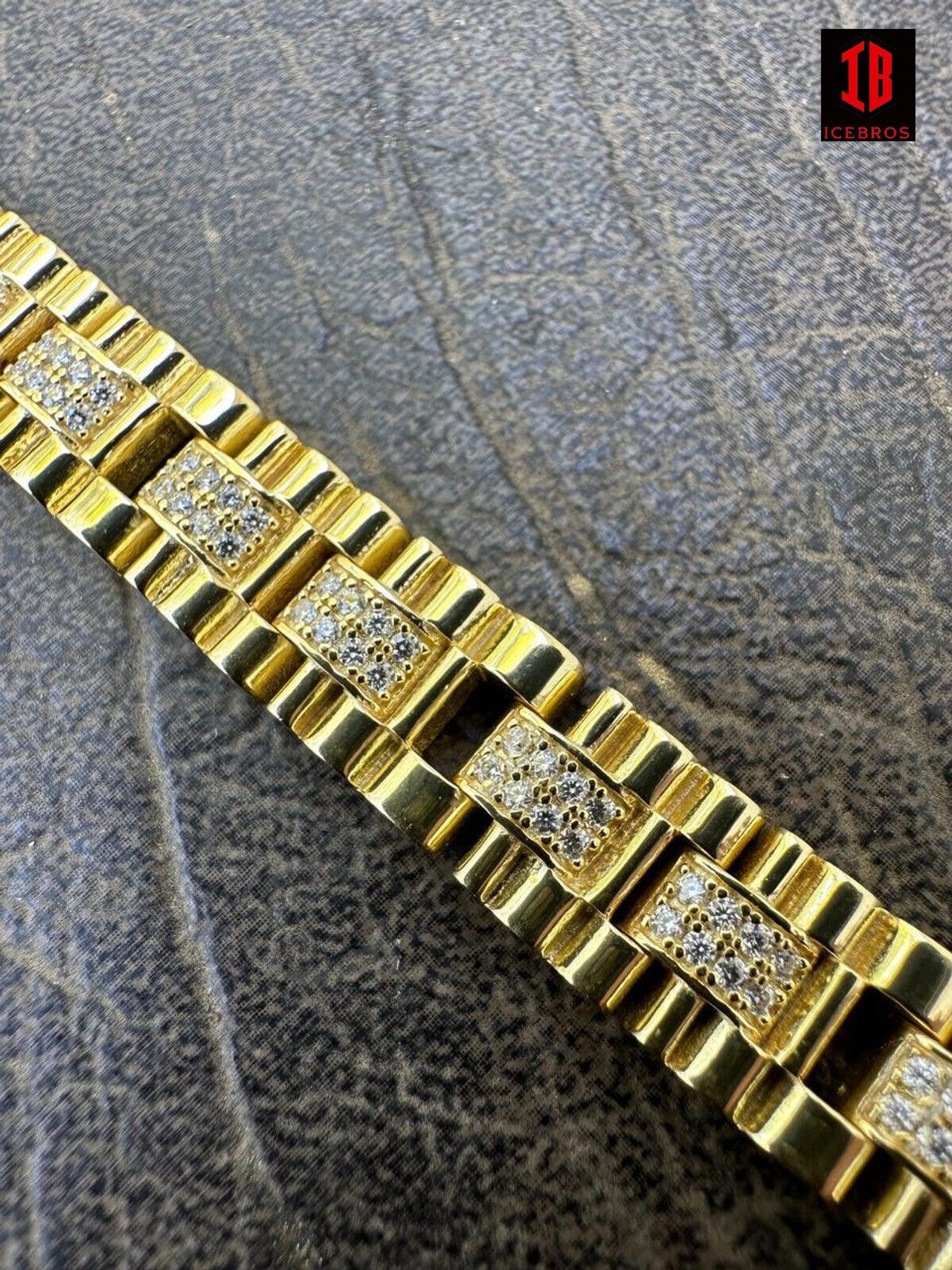 Mens 10mm Iced Presidential Bracelet Real 14K Gold Plated 925 Silver Flooded Out