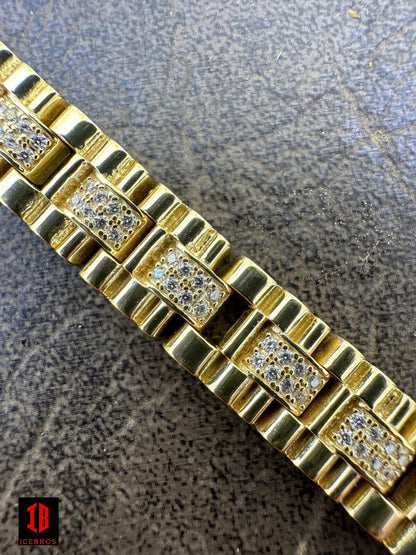 Mens 10mm Iced Presidential Bracelet Real 14K Gold Plated 925 Silver Flooded Out