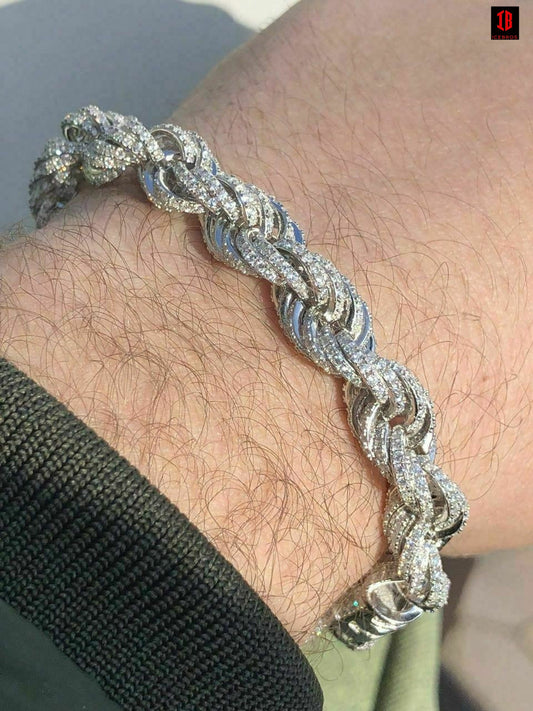 Men's 10mm Rope Bracelet WHITE GOLD  Real Solid 925 Sterling Silver 20ct Diamond
