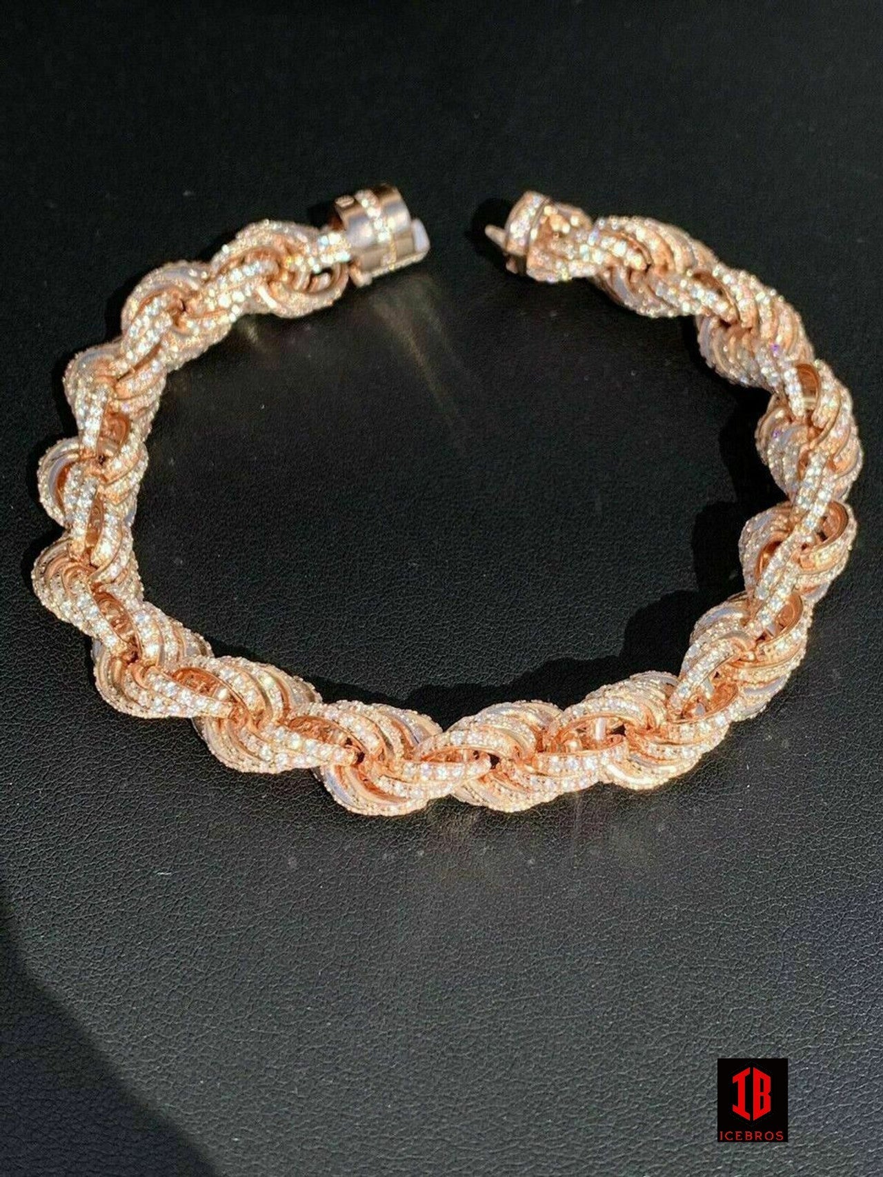 Men's 10mm Rope Bracelet Rose Gold &amp; Real Solid 925 Sterling Silver 20ct Diamond