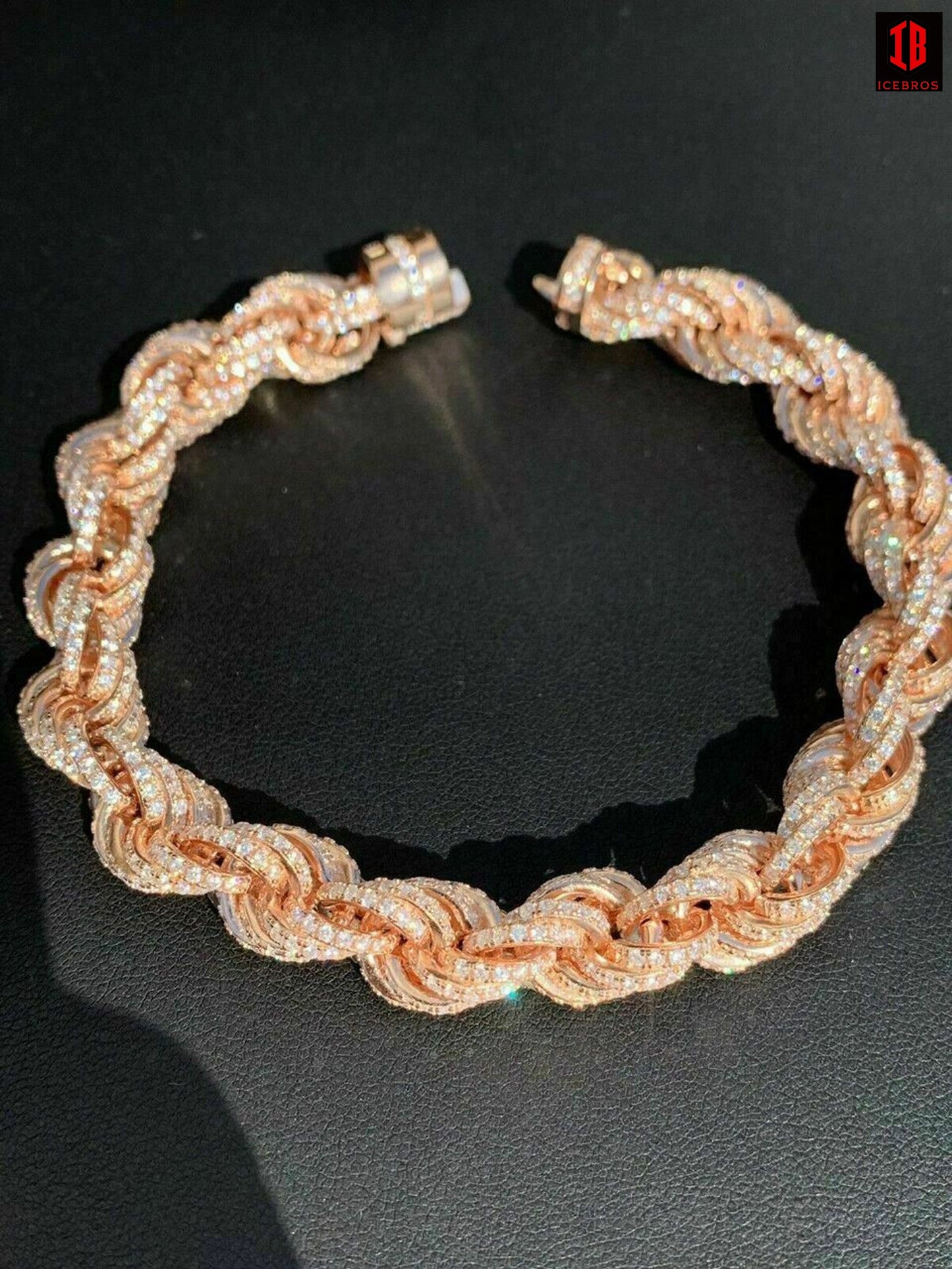 Men's 10mm Rope Bracelet Rose Gold &amp; Real Solid 925 Sterling Silver 20ct Diamond