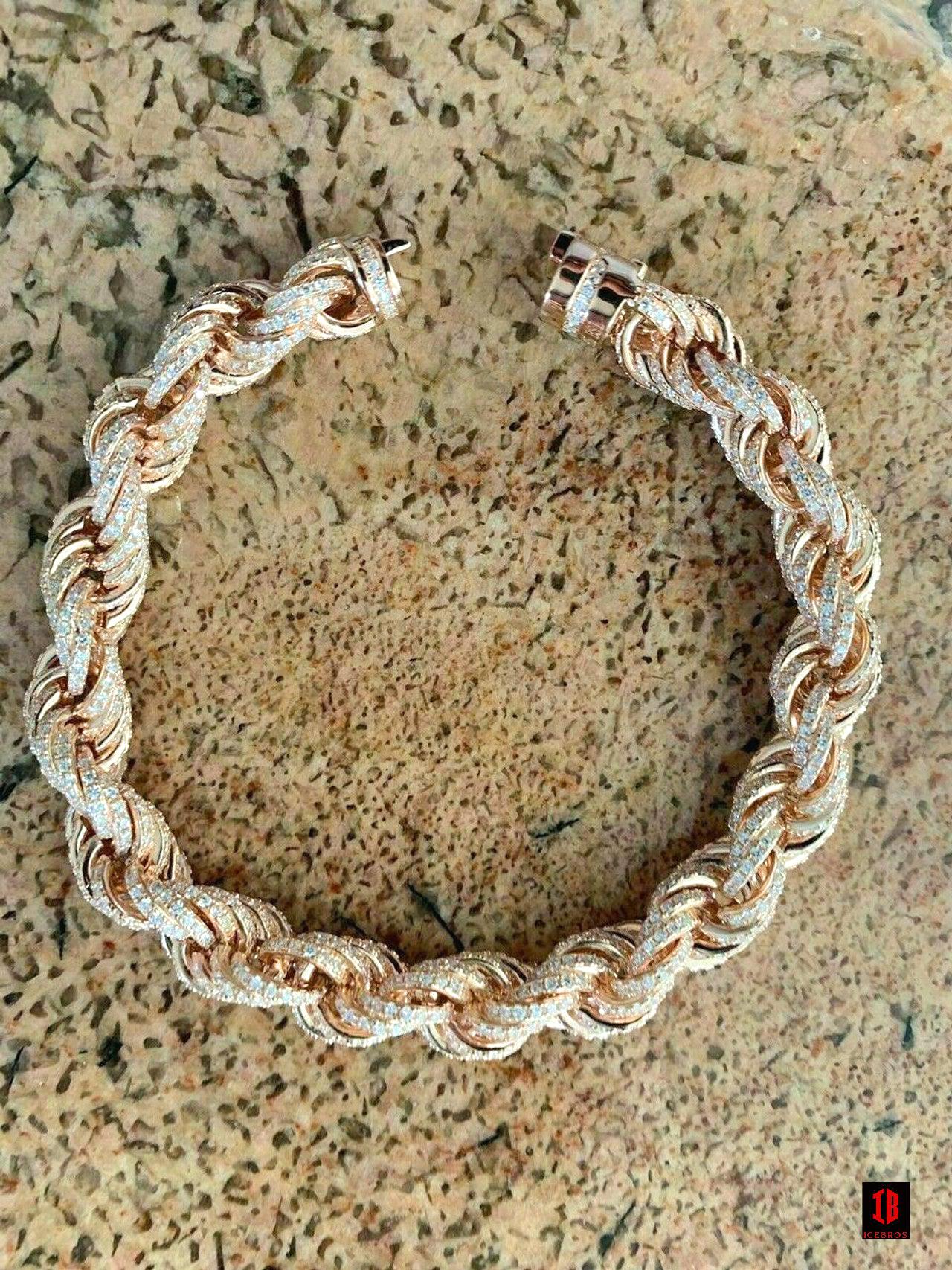 Men's 10mm Rope Bracelet Rose Gold &amp; Real Solid 925 Sterling Silver 20ct Diamond