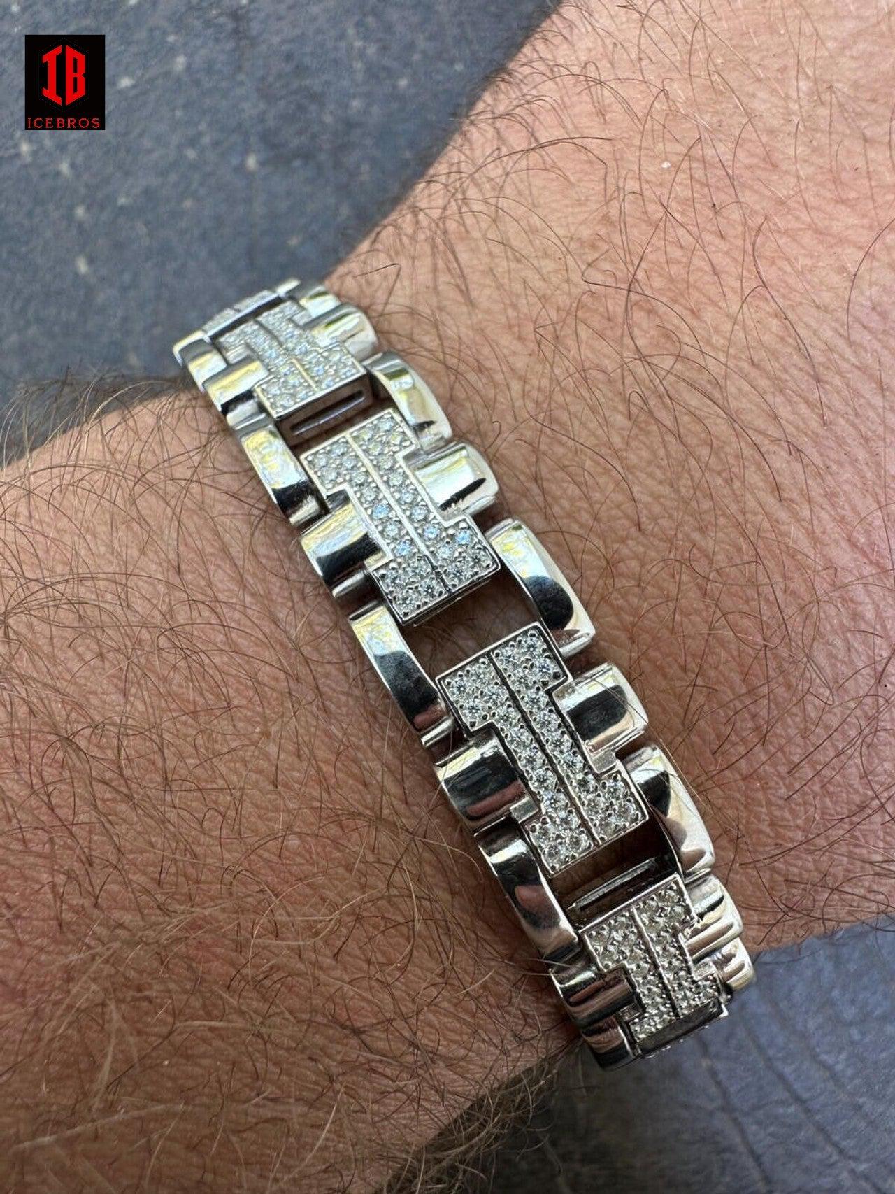 MOISSANITE Men's 12mm H Link Bracelet Real Solid 14k Gold Over 925 Sterling Silver