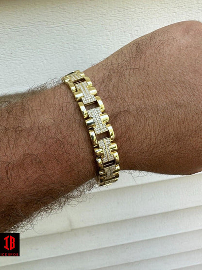 Men's 12mm H Link Bracelet 14k Gold Over 925 Sterling Silver