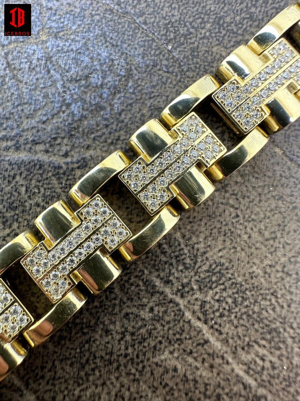 Men's 12mm H Link Bracelet 14k Gold Over 925 Sterling Silver