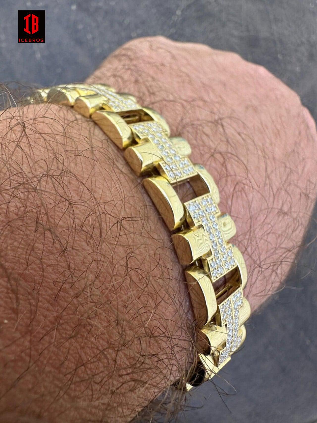 Men's 12mm H Link Bracelet 14k Gold Over 925 Sterling Silver