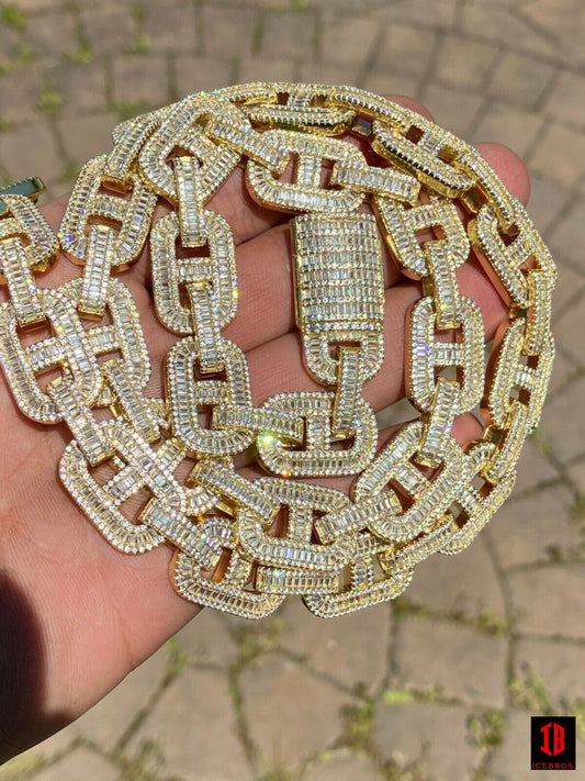 YELLOW GOLD 925 Sterling Silver Baguette Gucci Link Chain Iced 15mm Thick Flooded Out