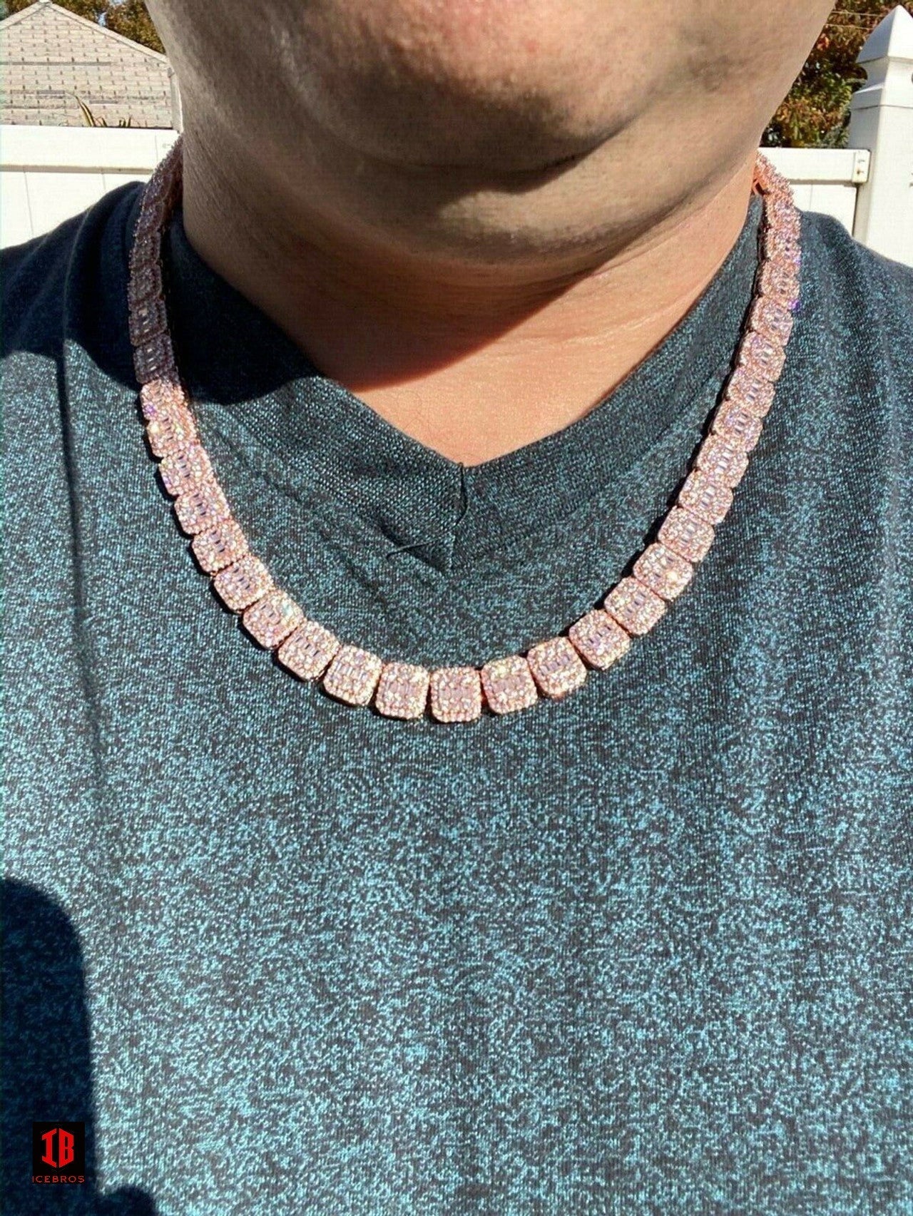 Men's Paved 11mm Baguette Tennis Chain Rose Gold Over Real 925 Silver 18" Choker - 30" (WHITE GOLD)