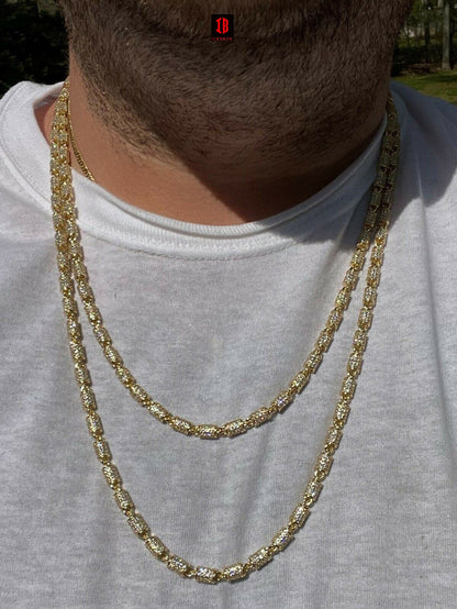 Mens Barrel Chain 14k Gold & Solid 925 Silver Iced Flooded Out Hip Hop Necklace (Yellow Gold Plated)