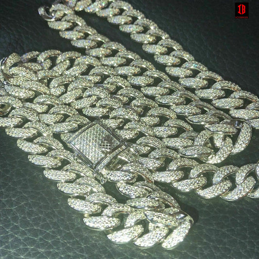 WHITE GOLD Mens Cuban Miami Link 12mm Chain 925 Silver 40-60ct Man Made Diamonds 18-30"