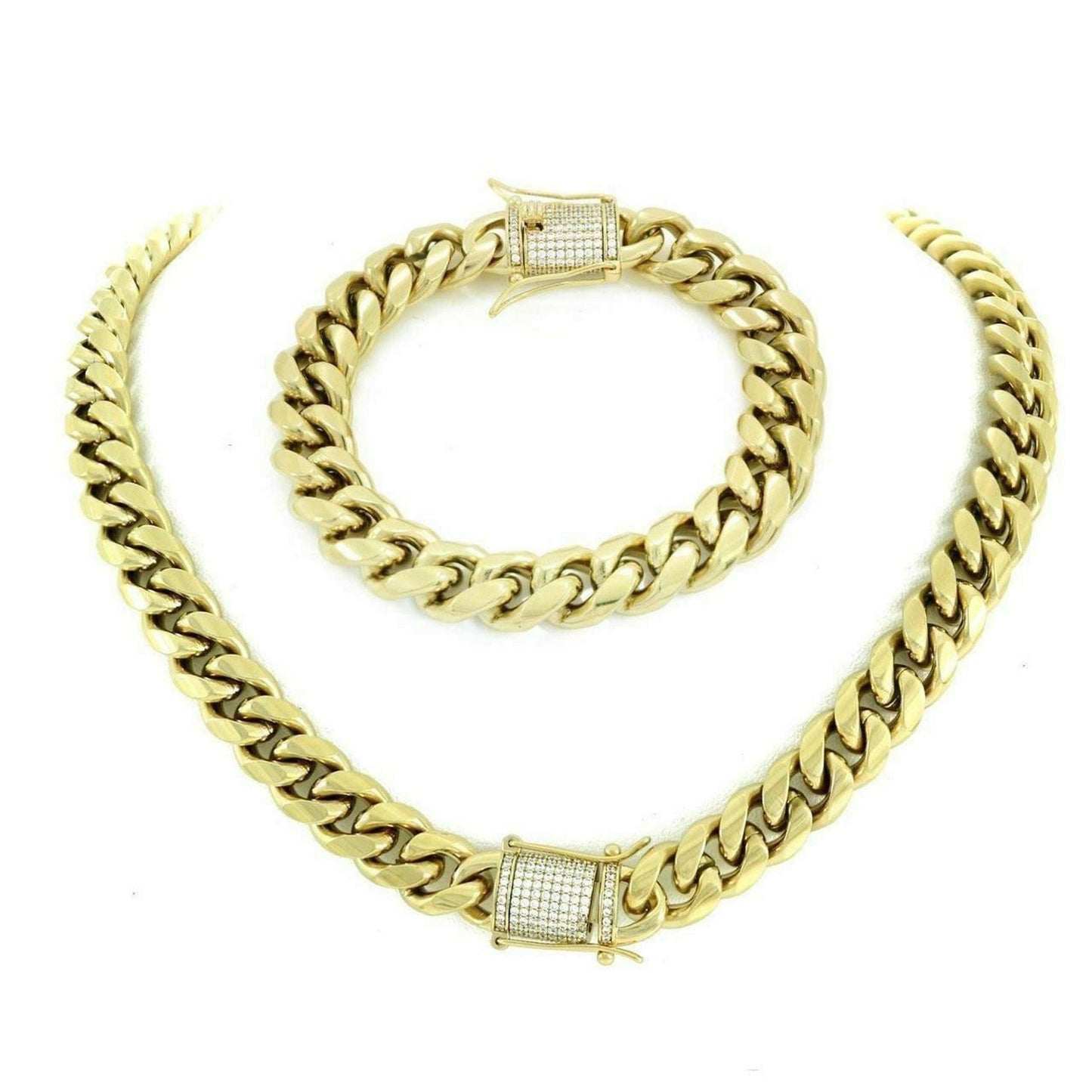 (12MM) 14K-18K Gold Plated Stainless Steel Cuban Link Chain CZ Diamond Lock 8-14MM