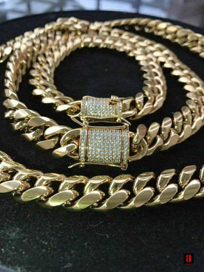 (12MM) 14K-18K Gold Plated Stainless Steel Cuban Link Chain CZ Diamond Lock 8-14MM