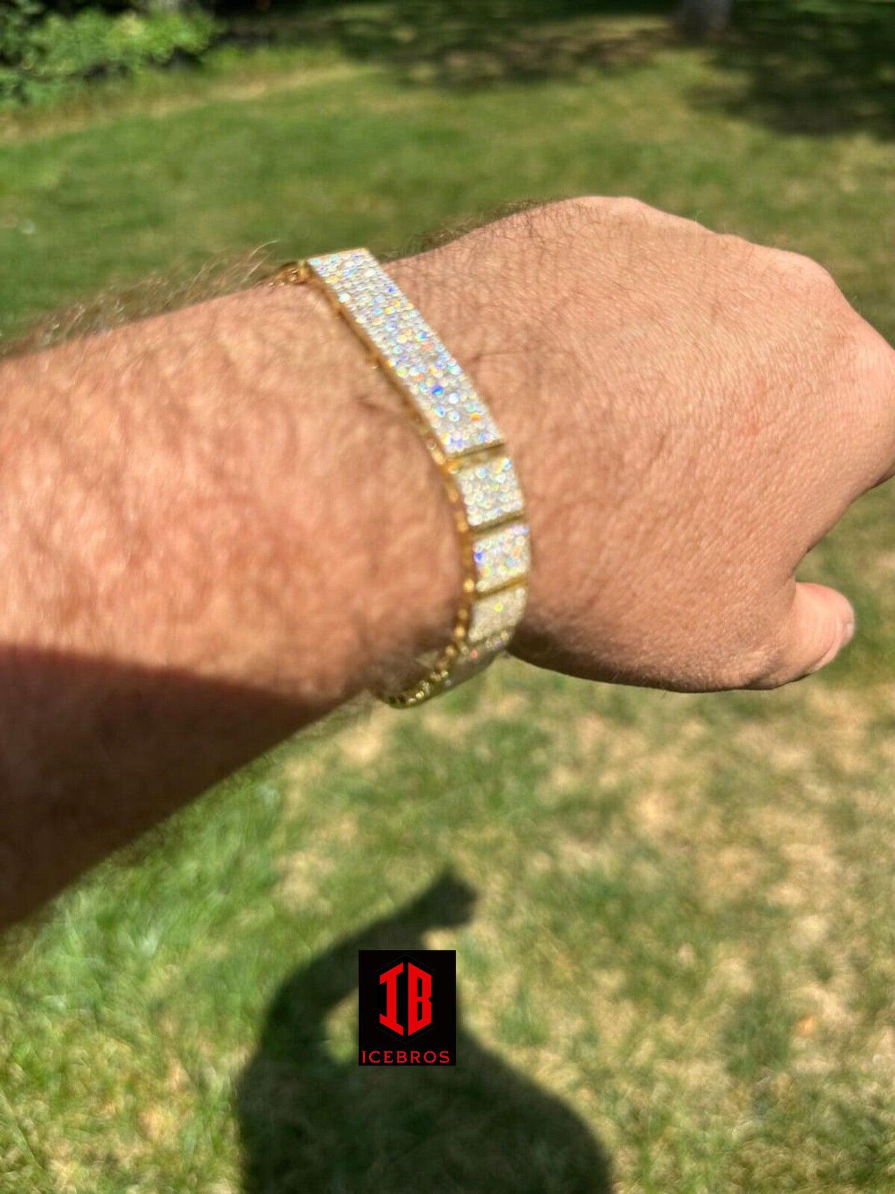 YELLOW GOLD Mens Custom Made ICY Hip Hop Bracelet 14k Gold Plated 925 Sterling Silver CZ