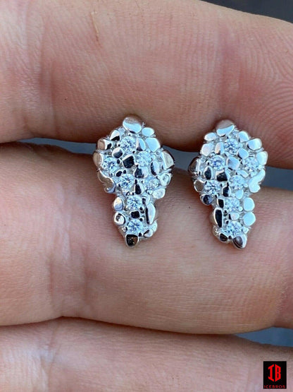 Mens Real Solid 925 Sterling Silver & 14k Gold Nugget Earrings Large Iced Studs