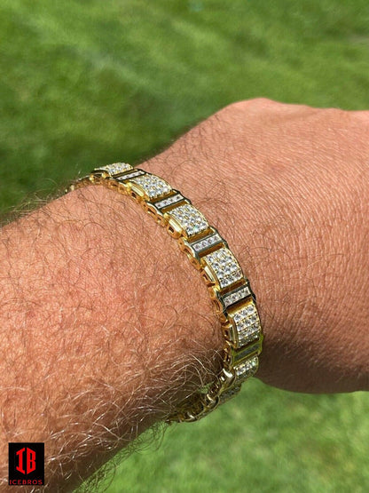 Mens Iced Presidential Bracelet 14k Yellow Gold Over Solid 925 Silver Diamonds