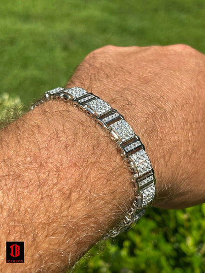 Mens Iced Presidential Bracelet WHITE Gold Over Solid 925 Silver Diamonds