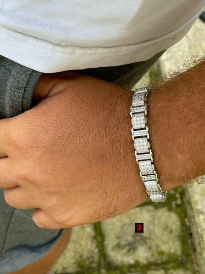 Mens Iced Presidential Bracelet WHITE Gold Over Solid 925 Silver Diamonds