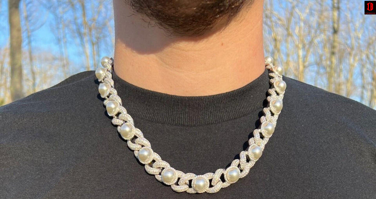 A Man wearing White Gold Diamond Pearl Necklace on His Neck Showing White Gold Shine and Sparkling Moissanite Stones