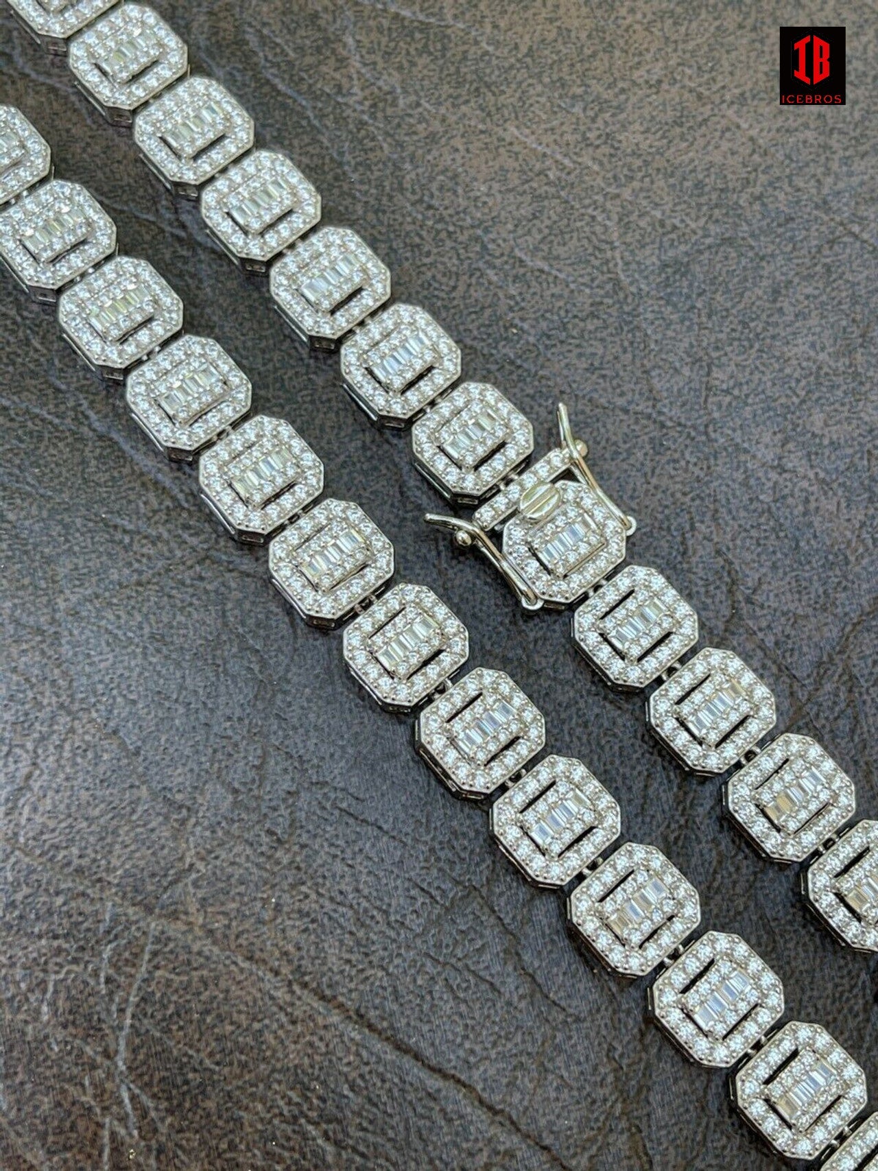 Men's Ladies Square 10mm Baguette Chain Real 925 Silver Iced Flooded Out cz Diamond