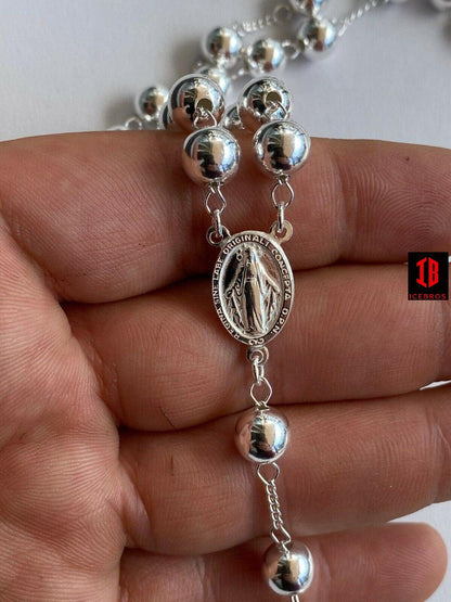 Men's Big Large Rosary Beads Chain Solid 925 Sterling Silver Rosario ITALY 8mm