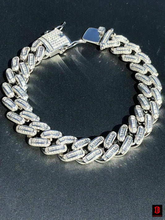 Men’s Miami Cuban Link Bracelet Real Solid 925 Silver Baguette Diamonds Heavy