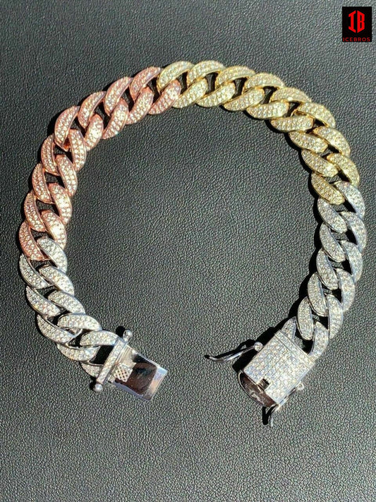 TRI-COLOR GOLD Mens Miami Cuban Link Bracelet Real Icy Solid 925 Silver Man Made Diamonds 12mm Iced