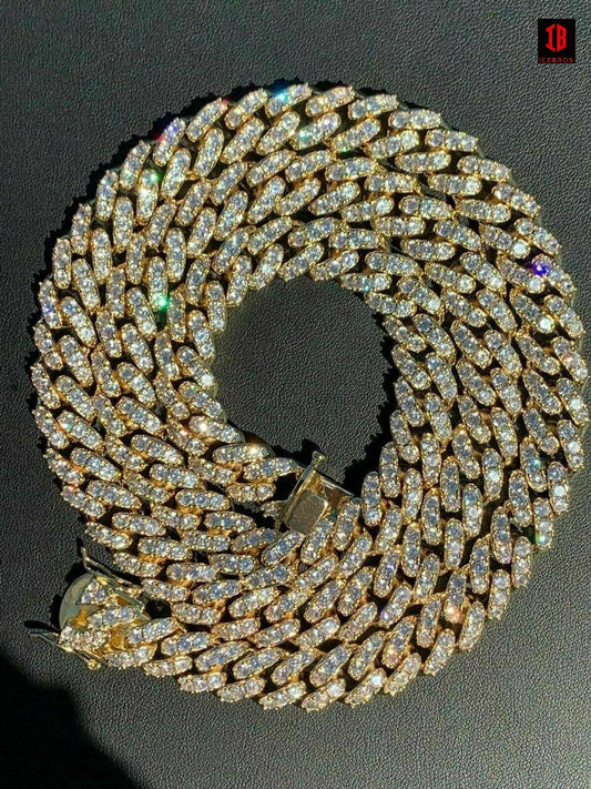 YELLOW GOLD Real Mens Miami Cuban Chain Solid 925 Silver Iced Necklace VERY HEAVY Link 12mm