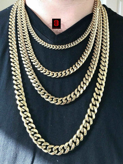 (12MM) Mens Miami Cuban Link Chain - Gold Plated Stainless Steel 8-18mm Yellow/Rose/White