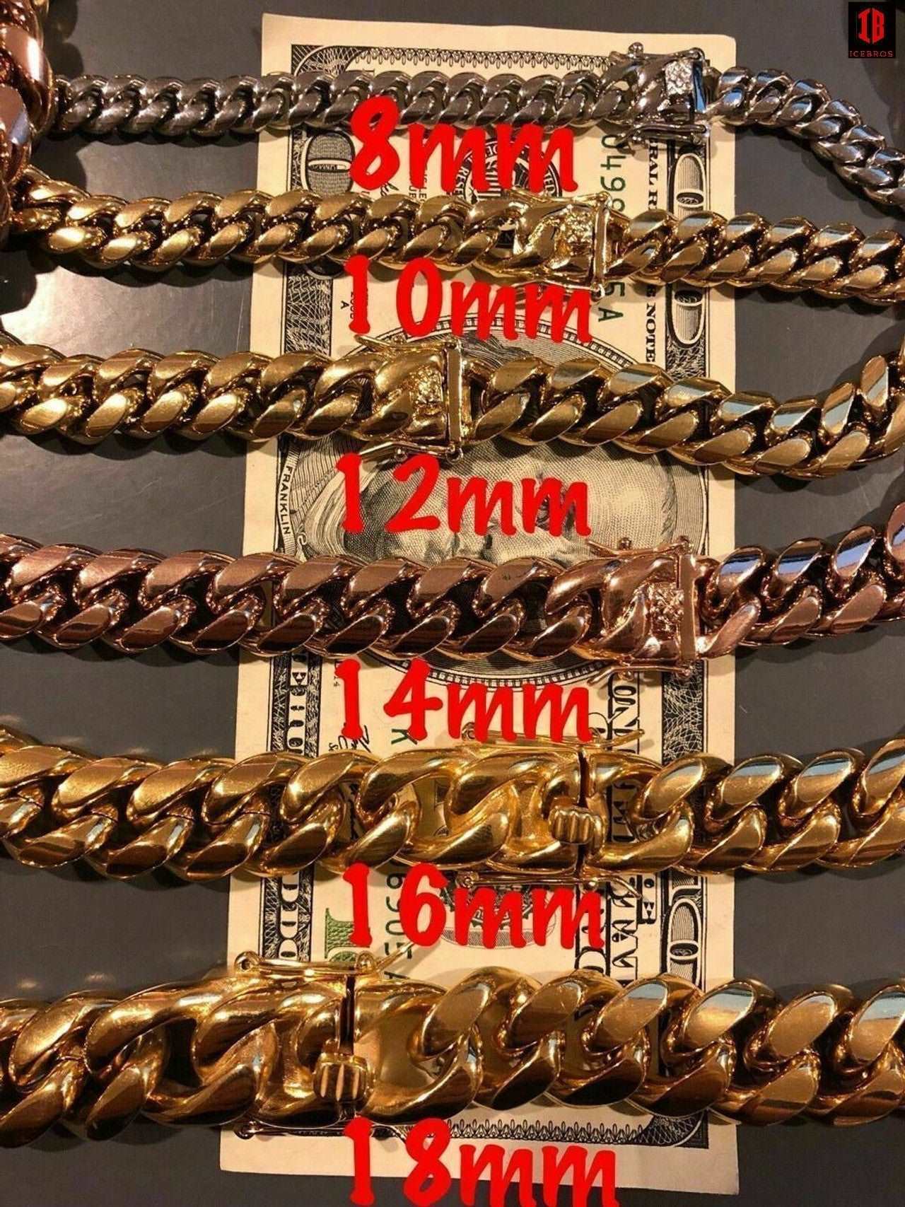 (16MM) Mens Miami Cuban Link Chain - Gold Plated Stainless Steel 8-18mm Yellow/Rose/White