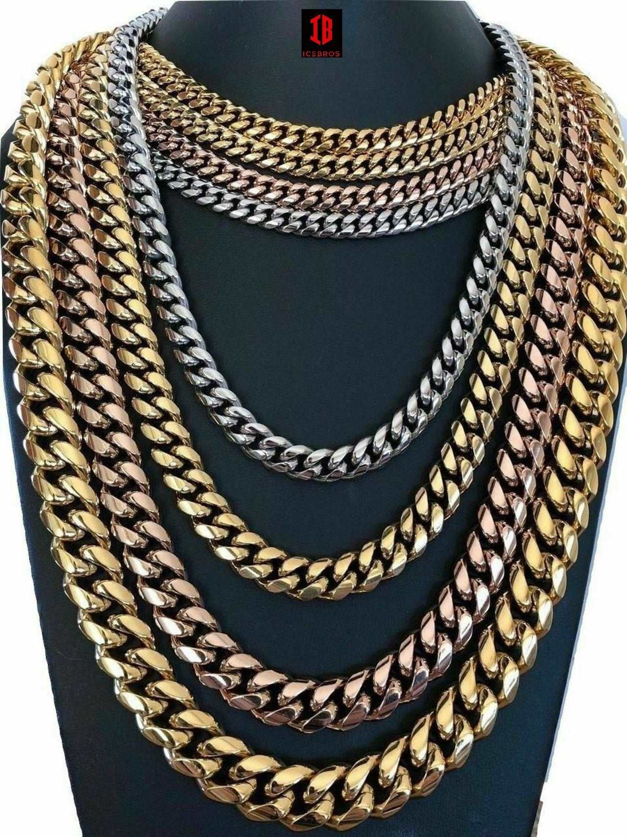 (12MM) Mens Miami Cuban Link Chain - Gold Plated Stainless Steel 8-18mm Yellow/Rose/White