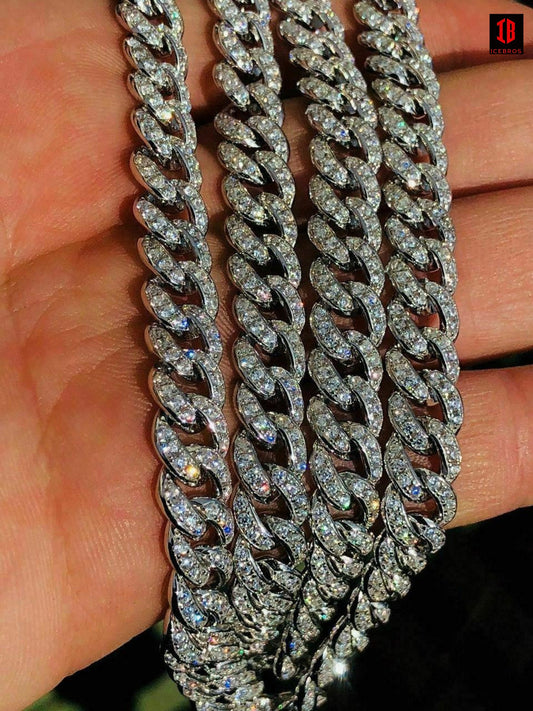 WHITE GOLD Mens Miami Cuban Link 9mm Chain 14k Gold Over Solid 925 Silver 25ct Man Made Diamonds