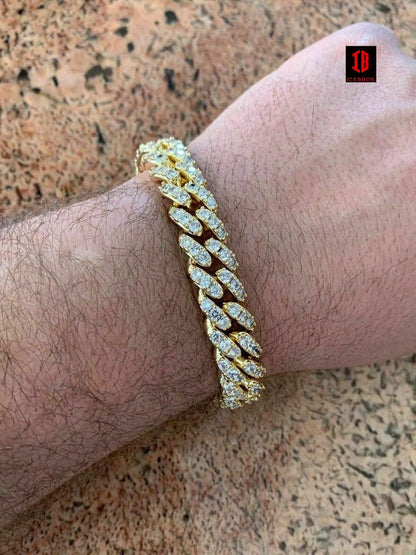 YELLOW GOLD Mens Miami Cuban Bracelet REAL Solid 925 Sterling Silver Iced CZ Heavy Link 75g