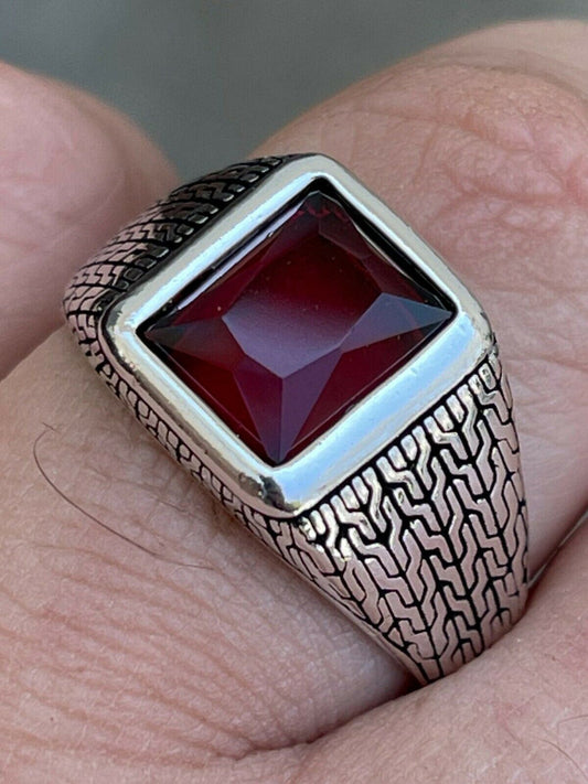 Mens Plain Real 925 Sterling Silver Ruby Red Stone Ring Size 7 8 9 10 11 12 13