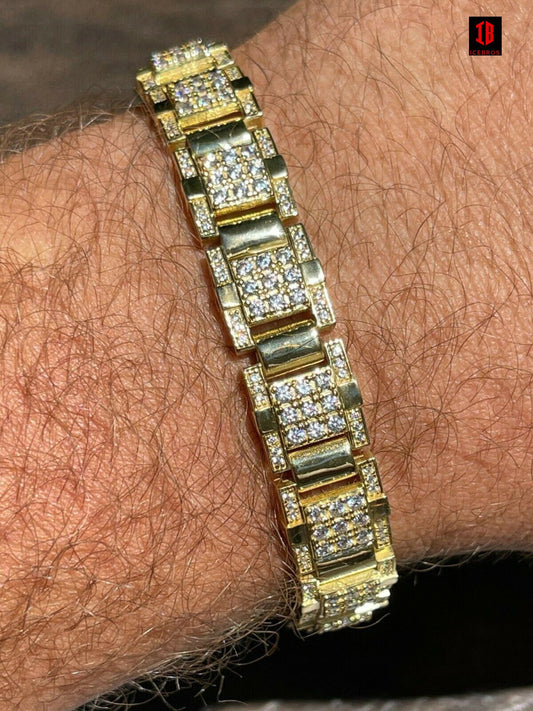 Men’s Real 14k Gold Over 925 Silver Bracelet Iced Diamond Out Heavy 12mm Hip Hop