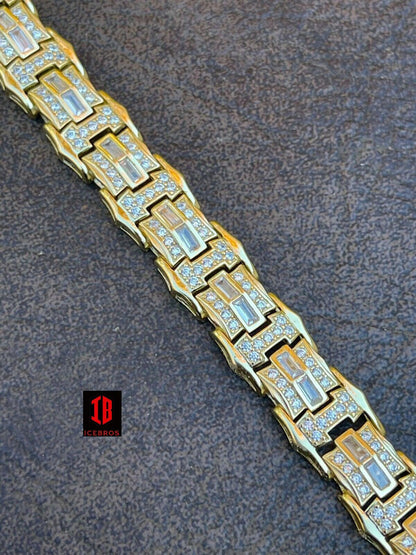 Men’s Real Gold Over 925 Sterling Silver Iced Baguette Hip Hop Bust Down Diamond Bracelet (2-ROW BAG)