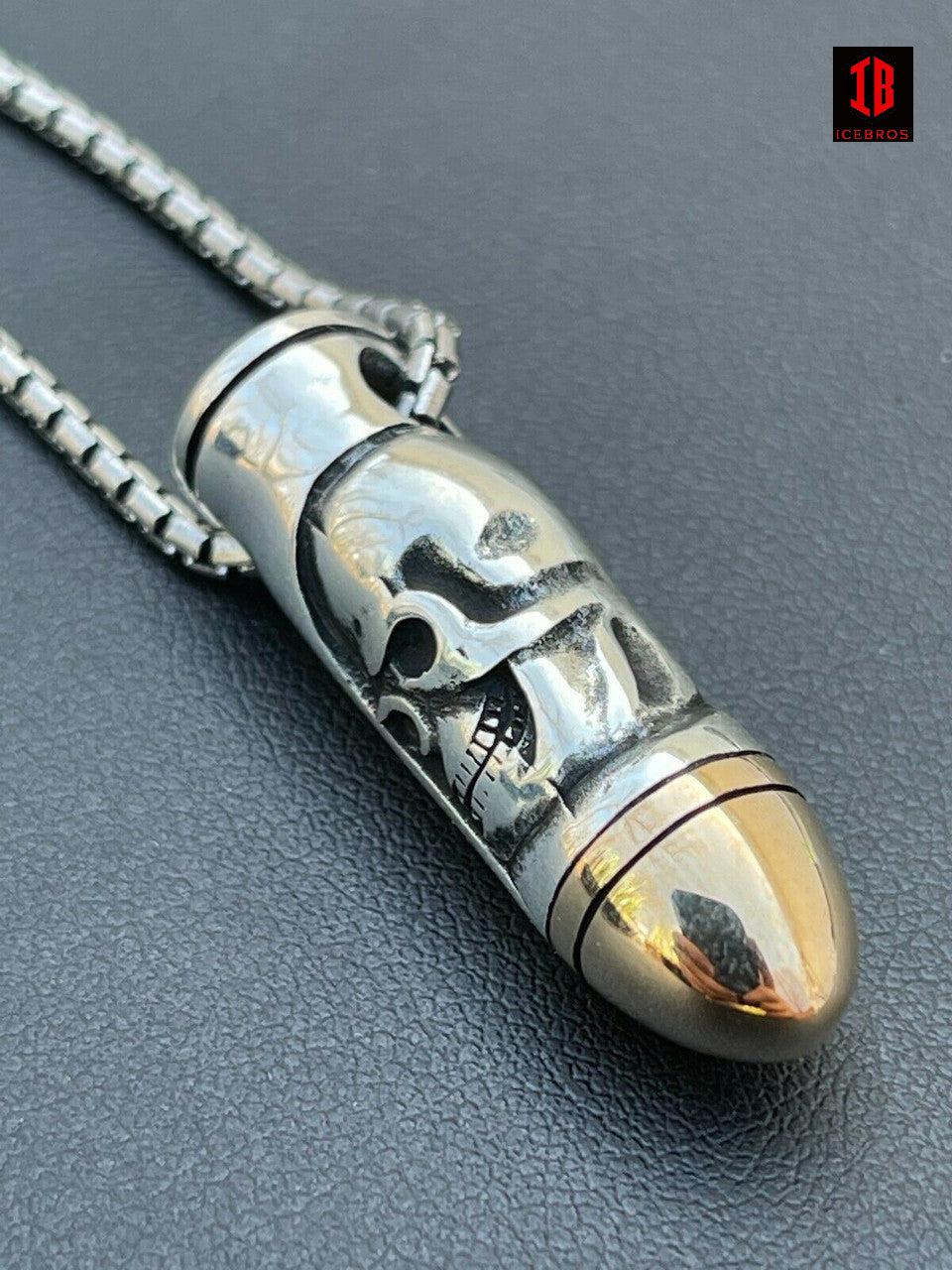 Men's Solid 925 Sterling Silver 14k Gold Bullet W. Skull Pendant Necklace Chain