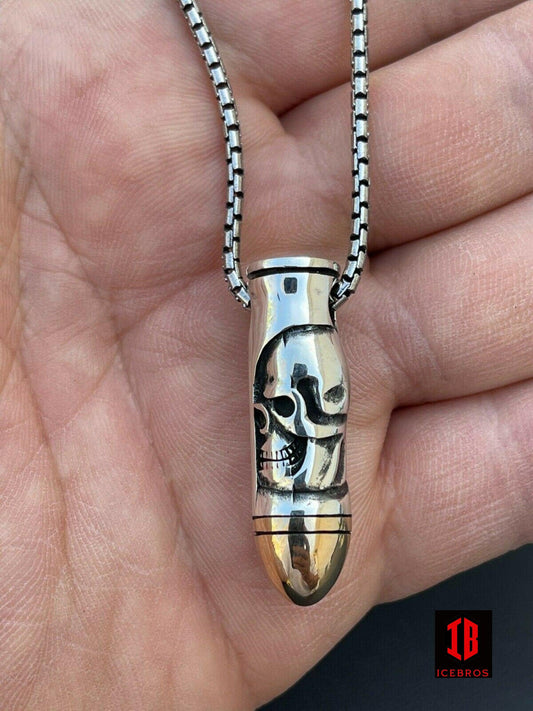 Men's Solid 925 Sterling Silver 14k Gold Bullet W. Skull Pendant Necklace Chain