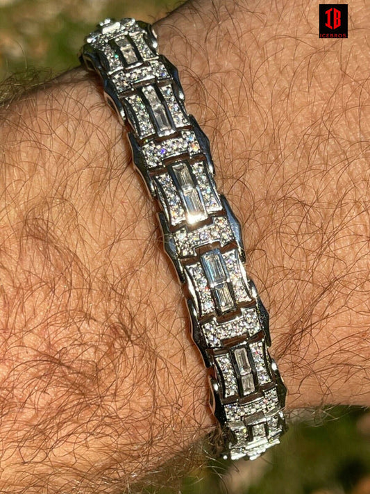 Men’s Real 925 Sterling Silver Iced Baguette Hip Hop Bust Down Diamond Bracelet (2-ROW BAG)