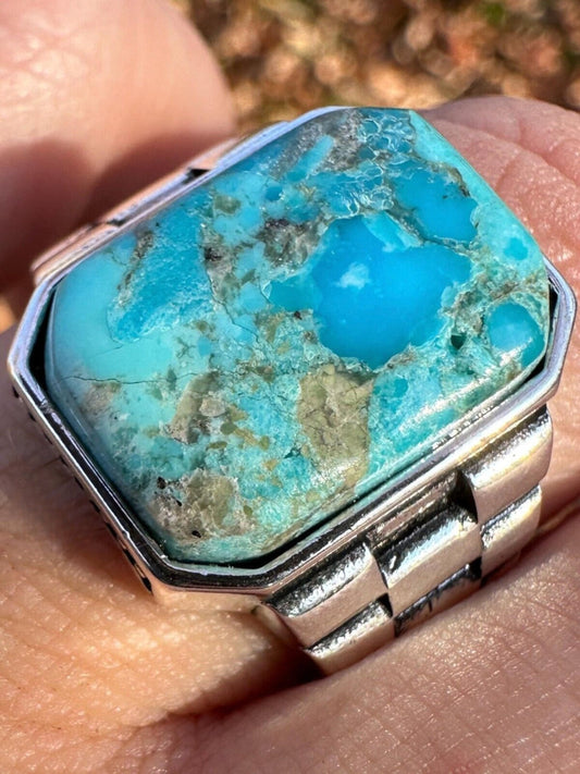 Genuine Sky Blue Turquoise Rectangle Gemstone Ring Solid 925 Sterling Silver Ring