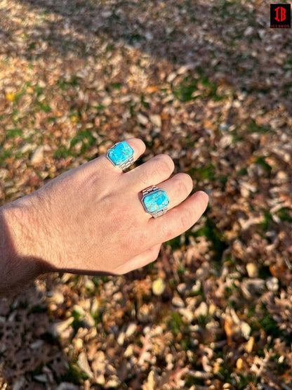 Genuine Sky Blue Turquoise Rectangle Gemstone Ring Solid 925 Sterling Silver Ring