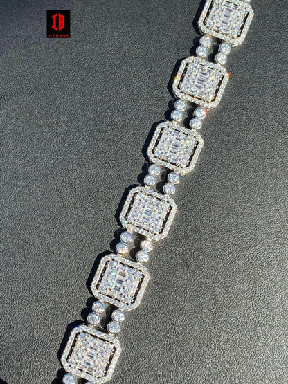 Mens RHODIUM Gold & Real Solid 925 Silver Baguette Tennis Bracelet Iced Diamond 16mm