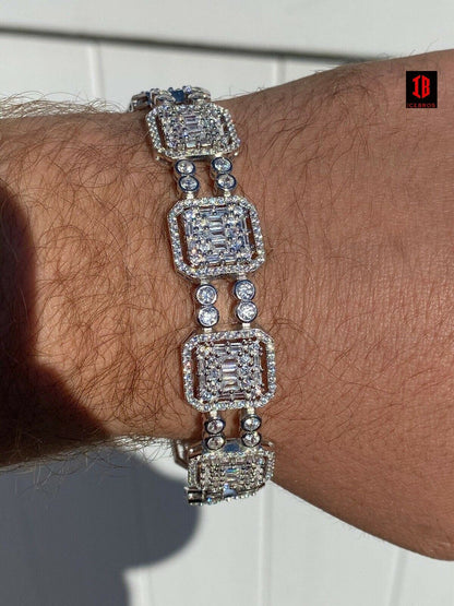 Mens RHODIUM Gold & Real Solid 925 Silver Baguette Tennis Bracelet Iced Diamond 16mm