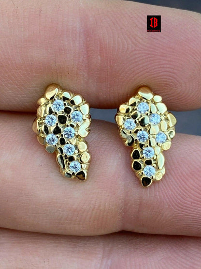 Mens Real Solid 925 Sterling Silver & 14k Gold Nugget Earrings Large Iced Studs