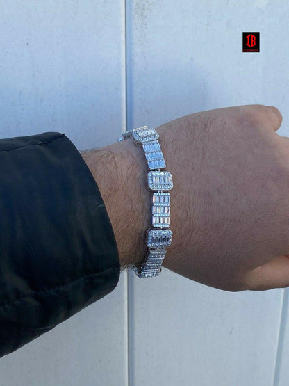 Men’s Real Solid 925 Sterling Silver Baguette Bracelet Iced Diamond Flooded Out