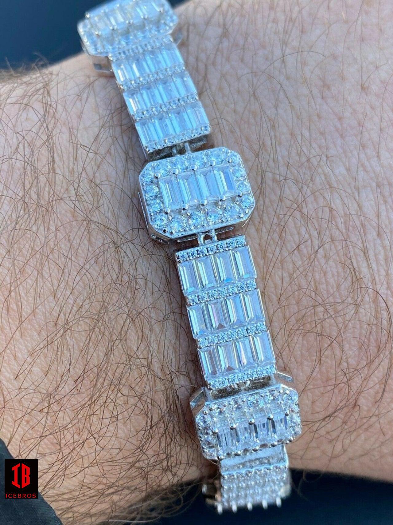 Men’s Real Solid 925 Sterling Silver Baguette Bracelet Iced Diamond Flooded Out