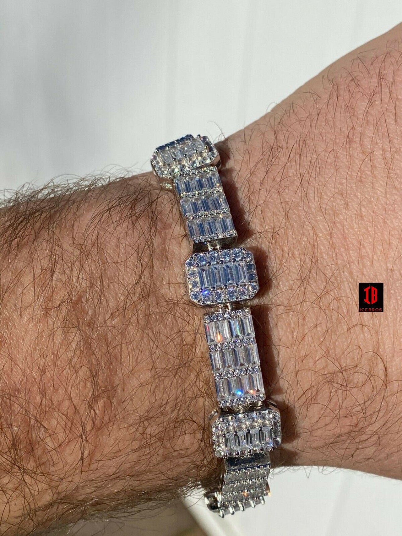 Men’s Real Solid 925 Sterling Silver Baguette Bracelet Iced Diamond Flooded Out