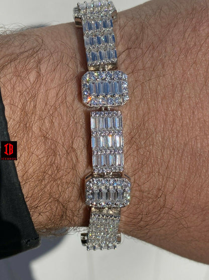 Men’s Real Solid 925 Sterling Silver Baguette Bracelet Iced Diamond Flooded Out